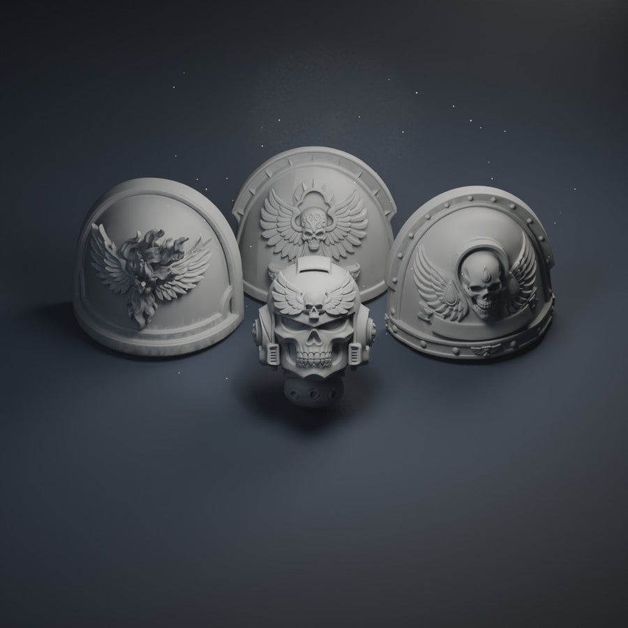 Armour Bundles: grey helmet and shoulder-armour preview sculpts on a navy studio set. Collection artwork; see individual products for exact contents.