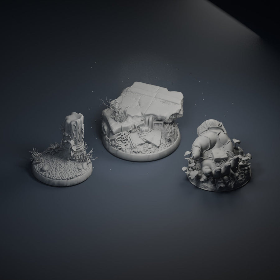 Bases: grey scenic-base preview sculpts on a navy studio set. Collection artwork; see individual products for exact contents.