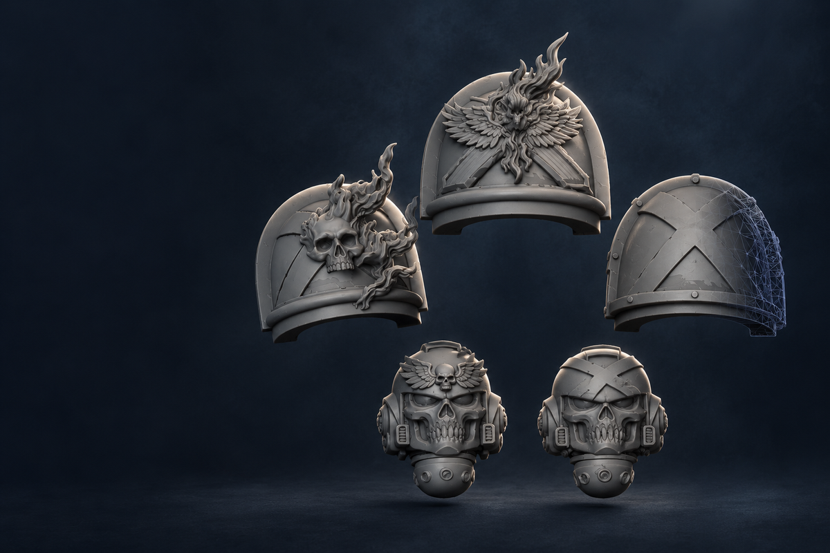 Digital STL collection artwork: stylised grey shoulder pads and helmets with a subtle wireframe on a dark navy background. Illustrative artwork; see individual listings for exact bundle contents.