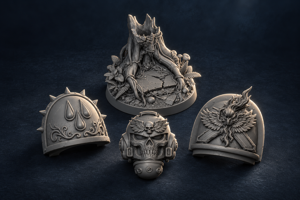 Physical Resin: illustrative grey miniature sculpts on a dark navy background. Collection artwork; see individual products for exact designs and bundle contents.