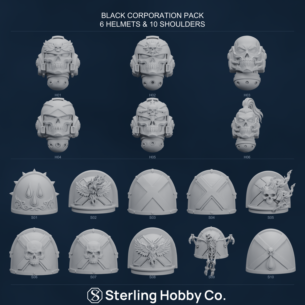 Black Corporation Pack: all 6 helmets and 10 shoulder designs. Actual STL renders, assembled in Canva.