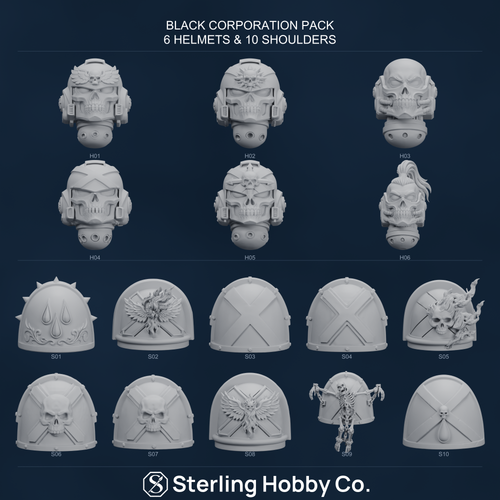 Black Corporation Pack: all 6 helmets and 10 shoulder designs. Actual STL renders, assembled in Canva.