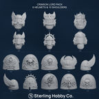 Crimson Lord Pack: all 6 helmets and 10 shoulder designs. Actual STL renders, assembled in Canva.