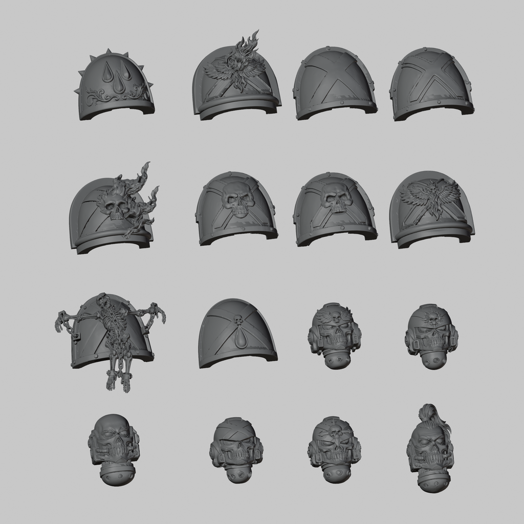 Black Corporation Pack: all 10 shoulder-pad designs and 6 helmet designs shown from the front. Digital render.