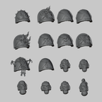 Black Corporation Pack: all 10 shoulder-pad designs and 6 helmet designs shown from the front. Digital render.