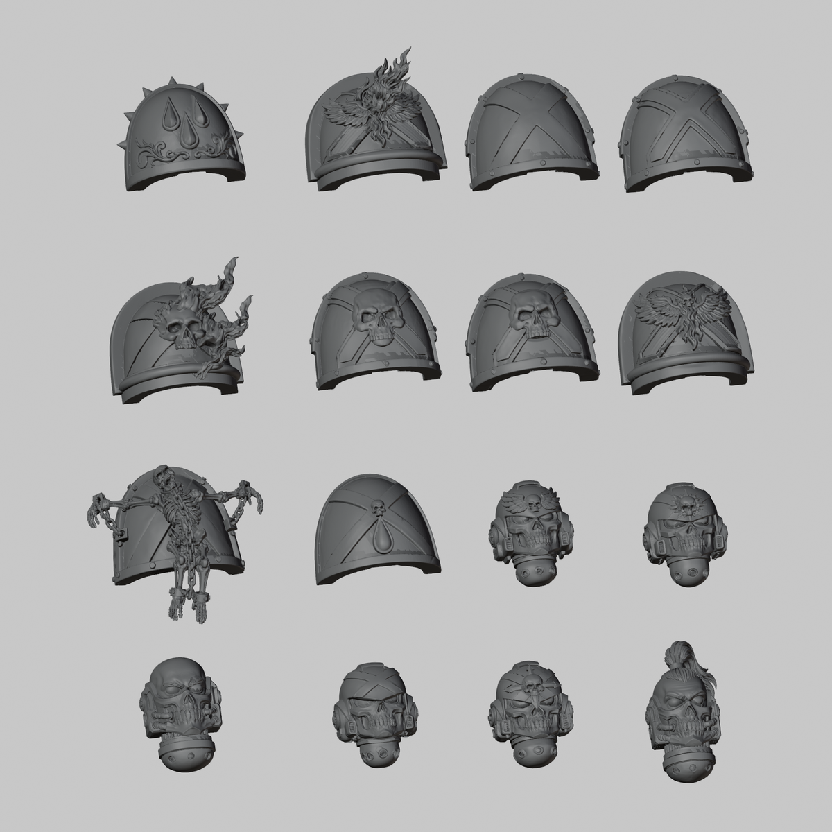 Black Corporation Pack: all 10 shoulder-pad designs and 6 helmet designs shown from the front. Digital render.