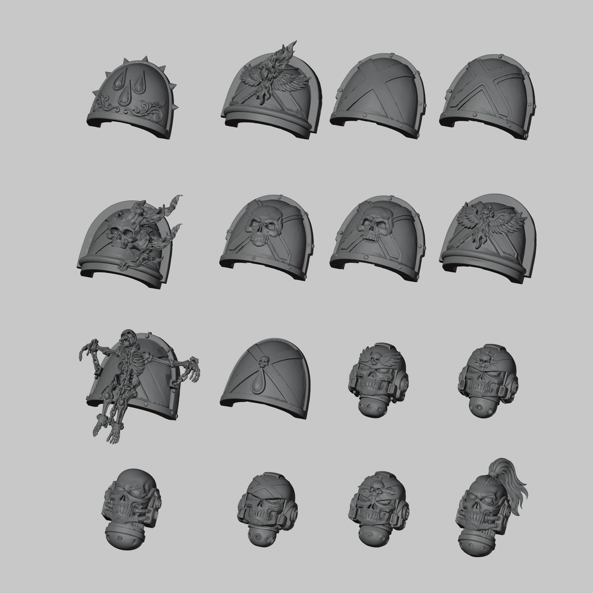 Black Corporation Pack: the same 16 designs in matching positions, shown from a left three-quarter angle. Digital render.
