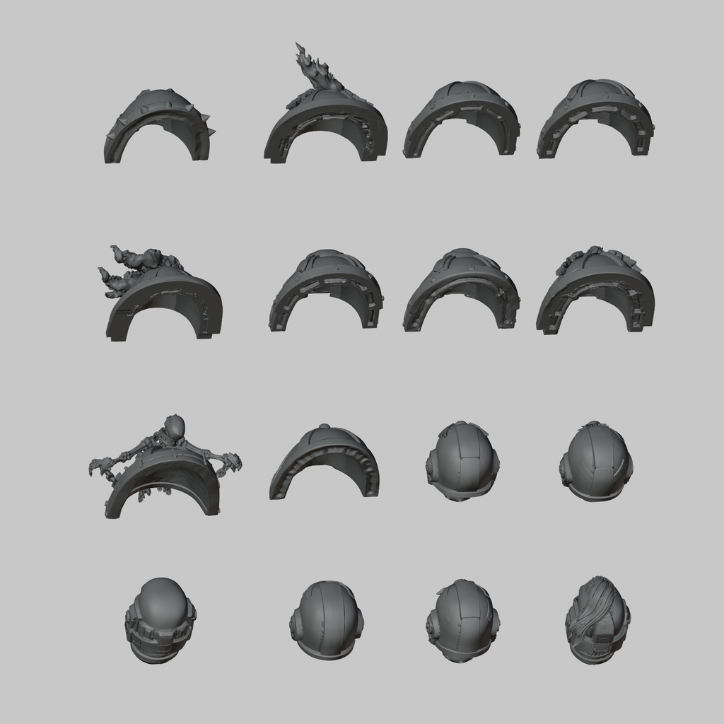 Black Corporation Pack: rear and attachment surfaces of the 10 shoulder pads and 6 helmets. Digital render.