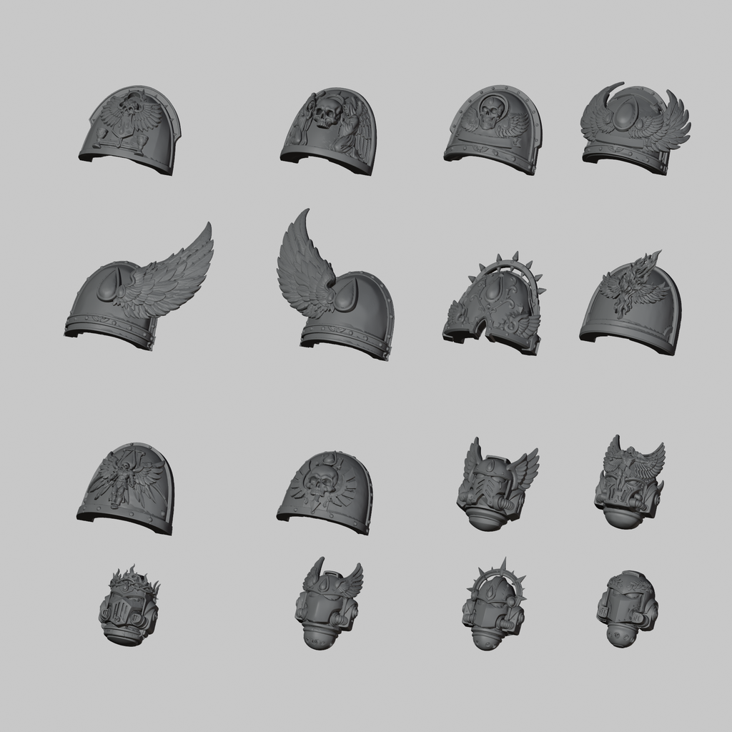 Crimson Lord Pack: all included designs together, left three quarter. Digital render.