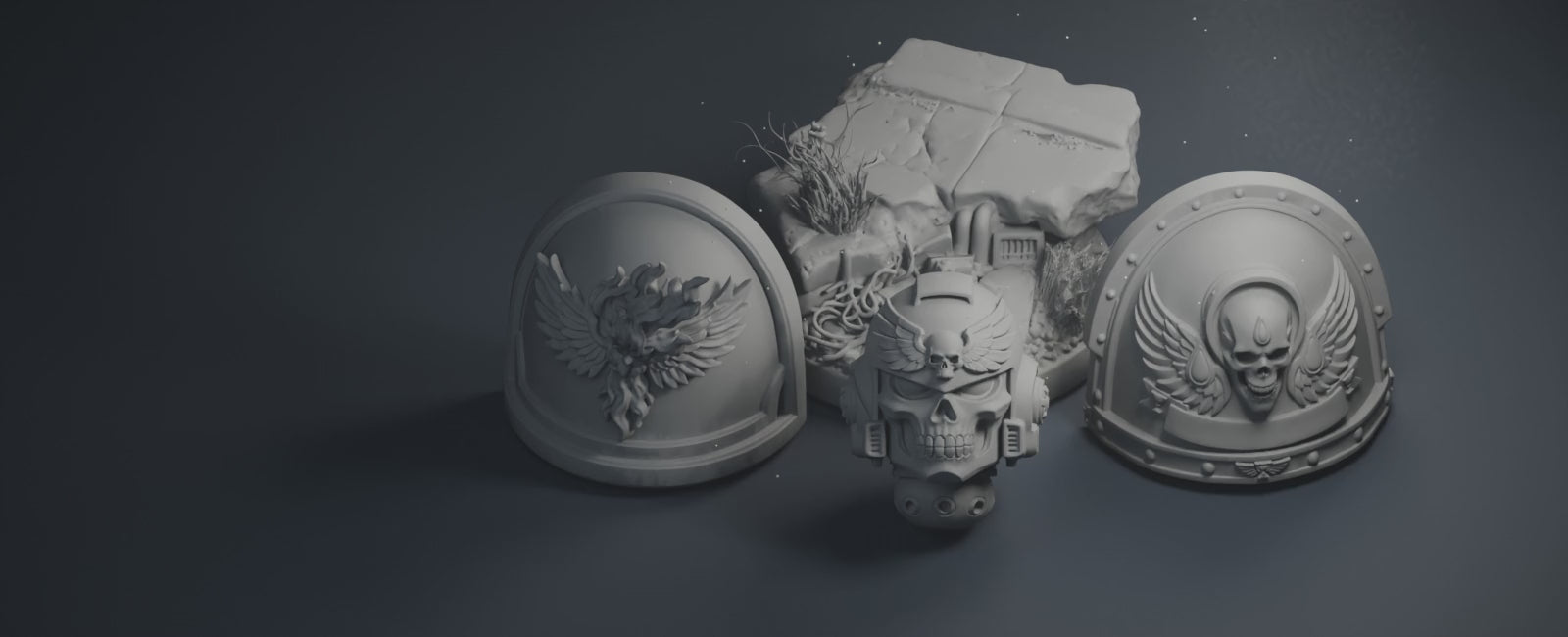 Sterling collection banner: matte grey sculpts, slowly moving studio light and drifting dust; desktop.