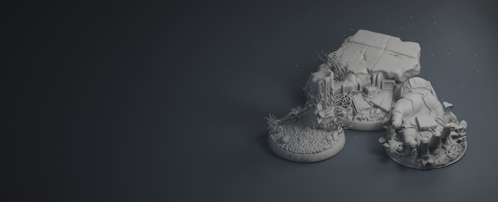 Scenic bases with moving studio light and faint drifting dust.