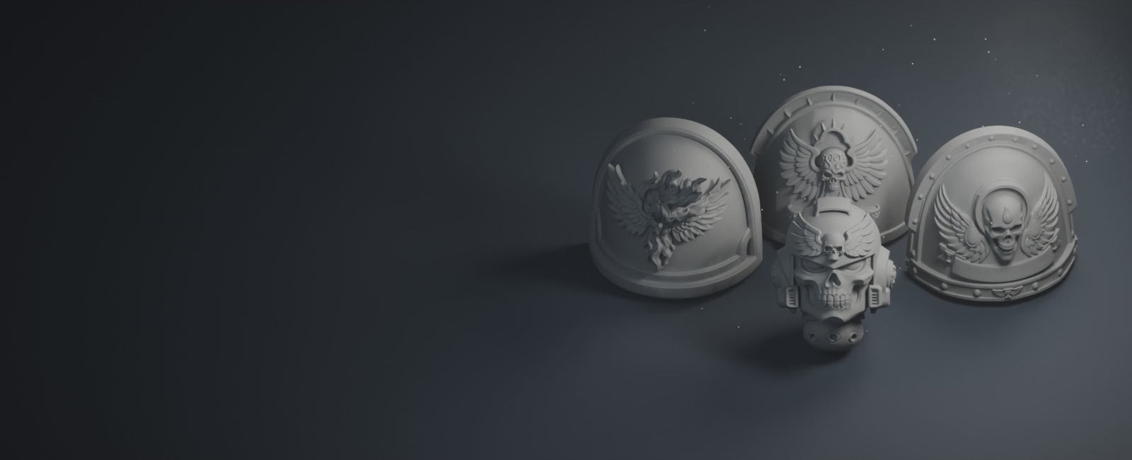 Armour pieces with moving studio light and faint drifting dust.