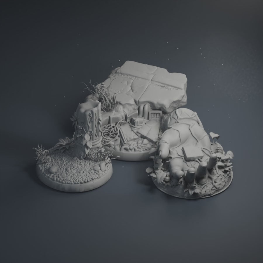 Scenic bases with moving studio light and faint drifting dust.