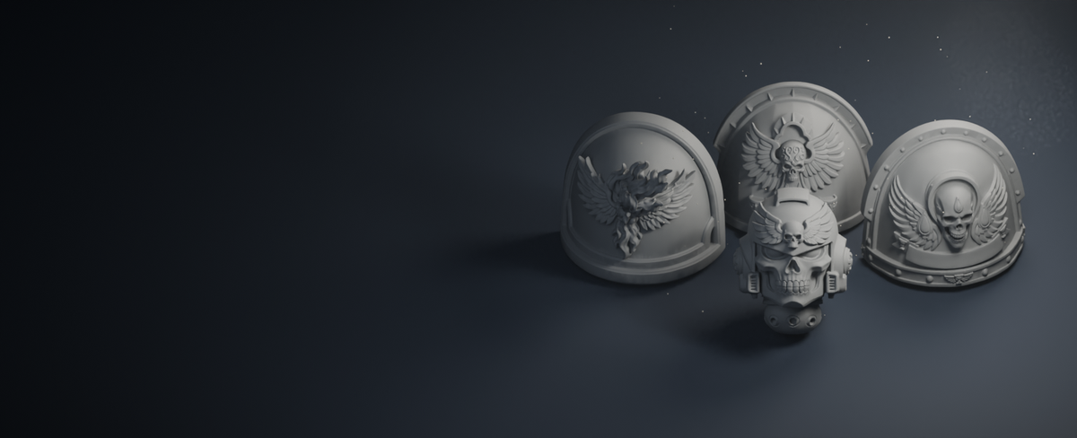 Grey helmets and shoulder armour on a navy studio set.